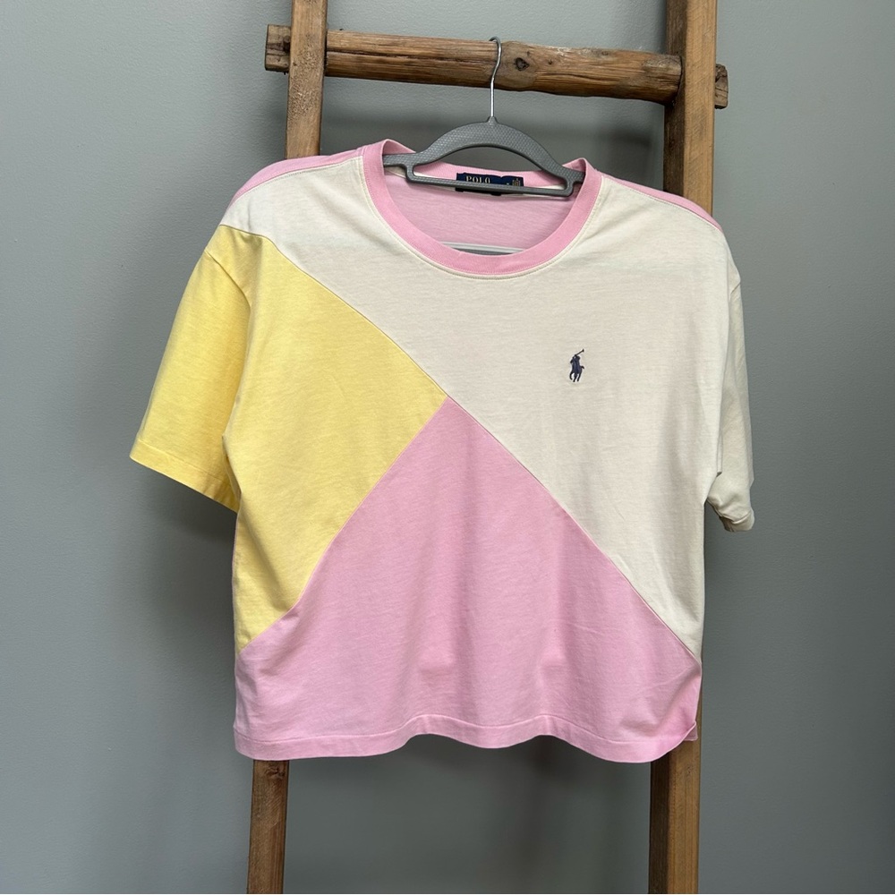 Polo Ralph Lauren size medium pink,cream and yellow short sleeve shirt